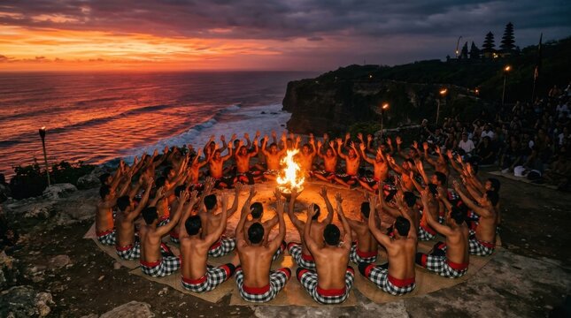 Balinese Kecak Fire Dance Ritual at Sunset with Ocean View.