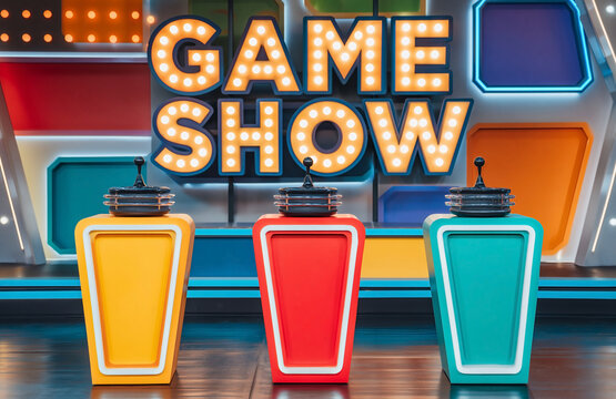 Bright colorful game show studio set with three buzzer podiums and neon illuminated sign for television production