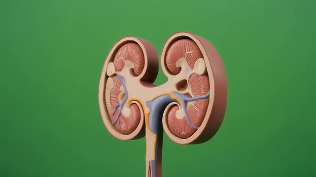 Rotating human kidney anatomy model cross section on green background.