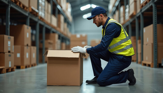 Man in safety vest and cap kneels to lift box in warehouse aisle. He uses proper technique for safe manual material handling. Focus is on occupational health and injury prevention in logistics.