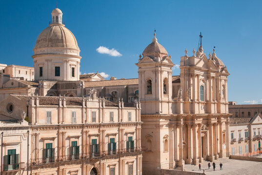 The famous Cathedral of Noto, Sicily, seen from the terrace of San Carlo Church along the main baroque Street of the town