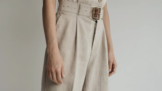 Female model wearing beige high-waisted trousers poses in a minimalist studio, showcasing the garment's design and details from various angles and perspectives