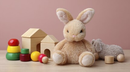 Fototapeta premium Cute plush bunny and wooden toys in playful nursery setup