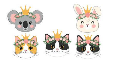 Obraz premium Five cute animal faces including a koala, bunny, and three cats wearing flower crowns and golden crowns on their heads.