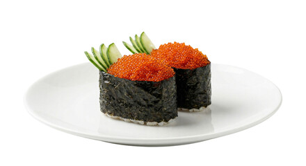 Fresh Tobiko Gunkan Maki Sushi with Sliced Cucumber Garnish © halostevie