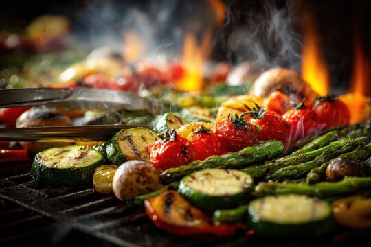 Grilling assorted vegetables over high flames in a backyard with vivid colors and strong contrasts during a summer barbecue event for family and friends
