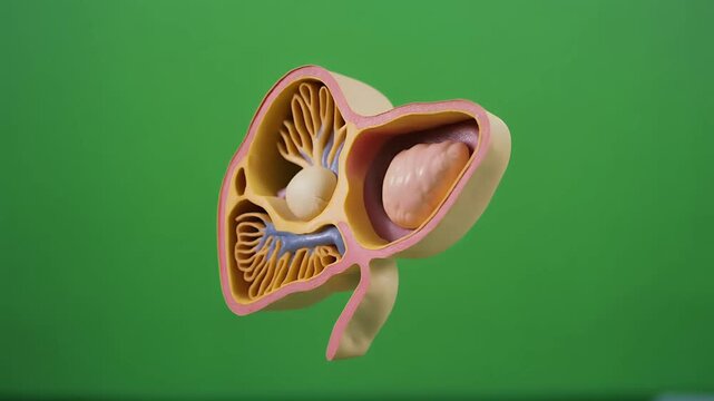 Rotating human liver model with gallbladder and bile ducts on green background.