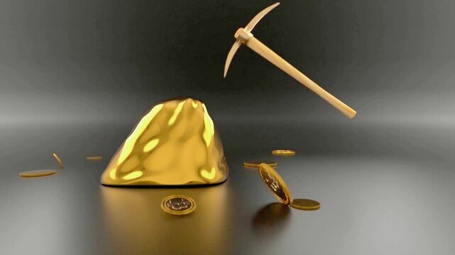 3D animation of a pickaxe mining a large gold nugget with falling Bitcoin coins on a dark background representing cryptocurrency mining.