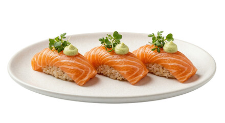 Gourmet Salmon Nigiri with Wasabi Cream and Microgreens © halostevie