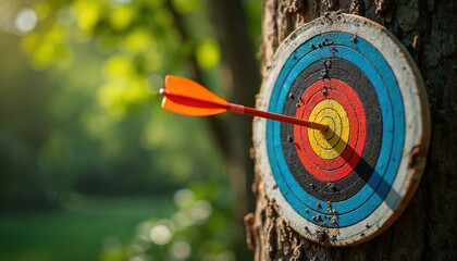 Orange arrow hits bullseye on colorful archery target. Target mounted on tree trunk in forest. Outdoor sport, focus, precision, accuracy achieved.