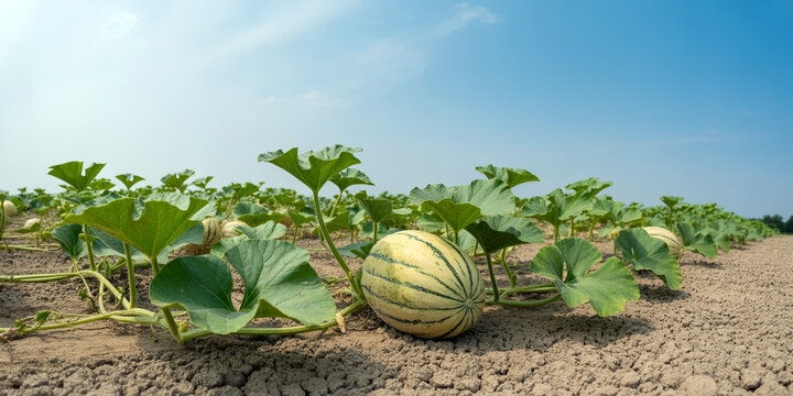 A single ripe melon sits in a dry sunlit field surrounded by sprawling green vines and leaves under a clear blue sky