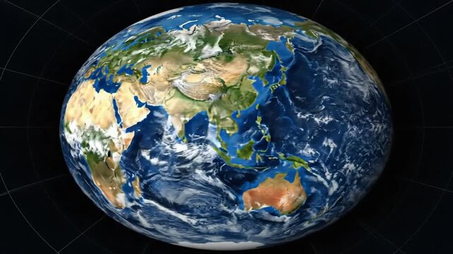 Rotating globe showing continents and oceans with realistic environmental details and atmospheric cloud coverage over the planet