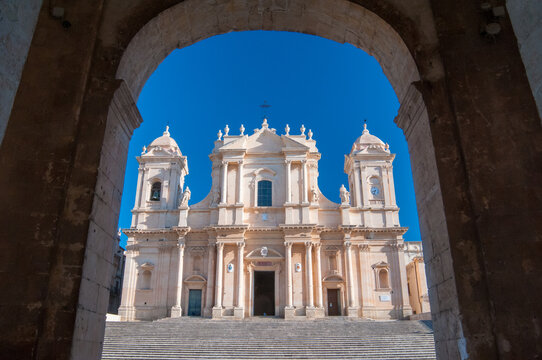 The Cathedral of San Nicol&ograve; in Noto, Sicily, seen from Palazzo Ducezio, headquarters of the local administration. The church in one of the best examples of the baroque architecture in the island