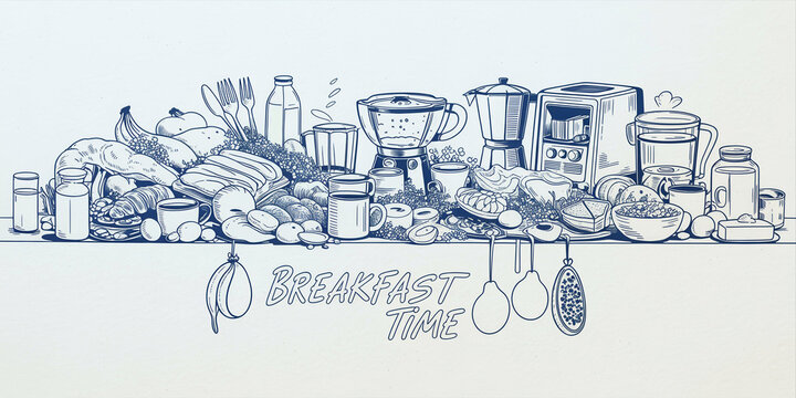 Hand drawn sketch of a breakfast table spread featuring croissants bread jams coffee and utensils in a playful minimalist style with a light beige background
