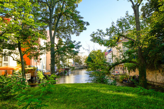 City center of Erfurt and view of the Gera River.
