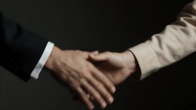 Two hands shake firmly in a business agreement, one in a black suit and the other in a light-colored shirt, against a dark background emphasizing the connection
