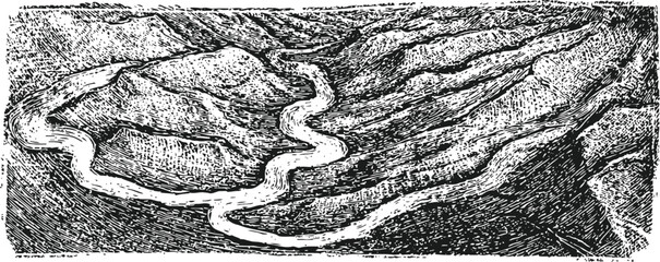 Fototapeta premium detailed vintage illustration of winding river flowing through mountainous terrain with valleys