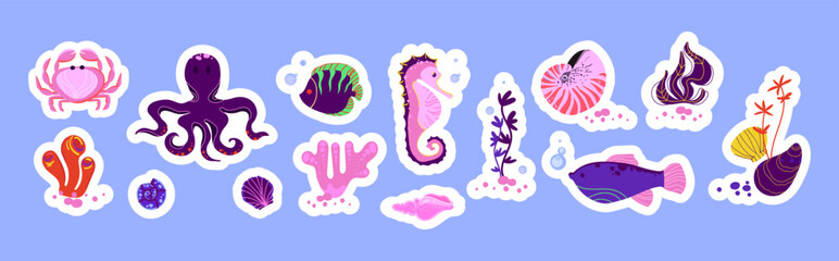 Cute marine life stickers collection with colorful cartoon sea animals including octopus seahorse crab fish shells and underwater elements playful design for kids decoration and digital use.Vector © Ilonka eva