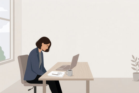 うつむいて沈み込むビジネスウーマン・仕事への意欲を失い落ち込む女性会社員のイラスト