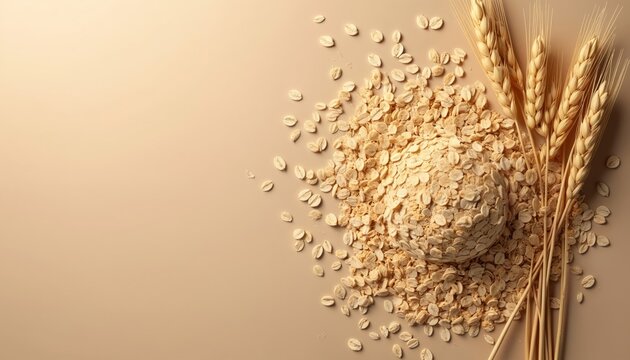Heap of oatmeal groats and wheat ears on beige background. Dry cereal flakes form mound shape for healthy breakfast meal. Natural food ingredient for porridge and muesli.