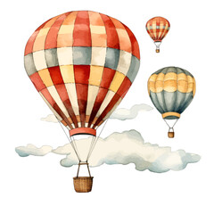 Fototapeta premium Whimsical Watercolor Hot Air Balloons Flying Above Clouds Illustration