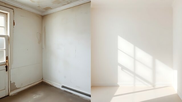 diptych. Diptych contrasting aged walls with fresh surfaces, illustrating transformation through natural light. real-estate listings.