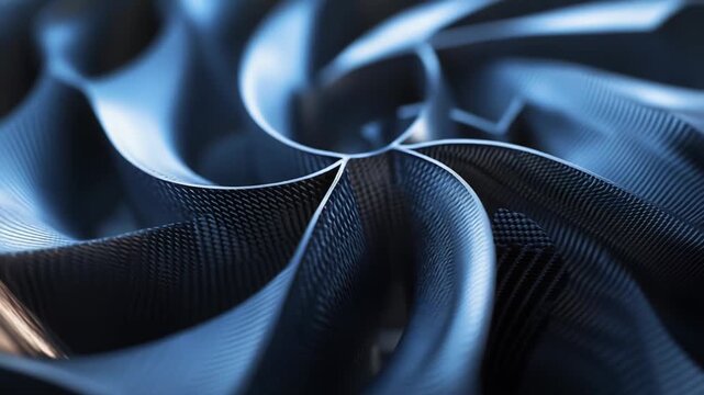 Carbon fiber spiral structure with dark blue metallic sheen, textured surfaces and fluid geometric curves creating a futuristic, industrial, high tech abstract background