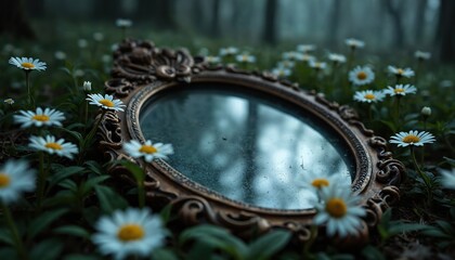 Fototapeta premium Antique mirror rests in forest among white daisies. Ornate golden frame contrasts with green leaves. Mysterious scene with soft focus background. Reflective surface shows a dim forest view.