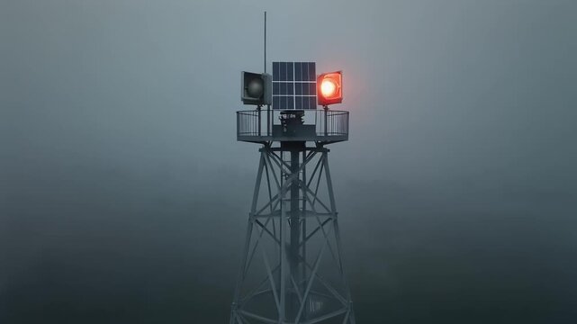 Solar powered obstruction beacon tower with alternating red lights in fog.