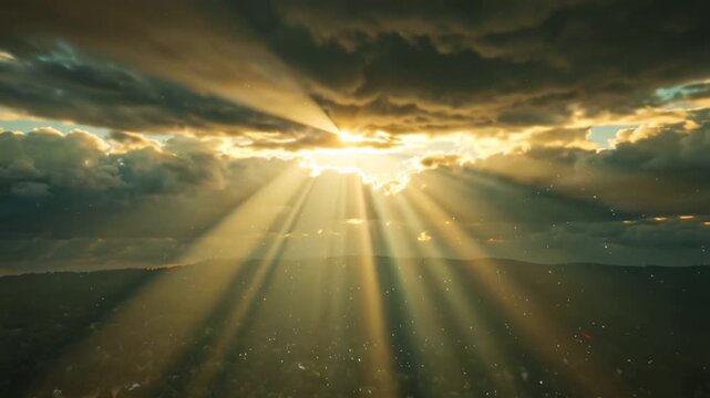 Heaven opening in the sky above the earth, bright golden light pouring down through the clouds, 4K video