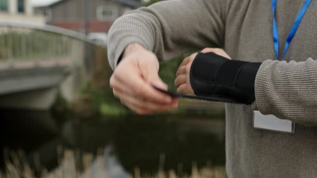 Person putting on wrist brace for carpal tunnel syndrome and pain relief while wearing a lanyard with a badge outdoors