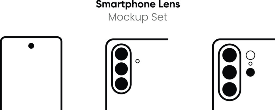 Smartphone lens mockup set. Front notch camera rear multi lens outline icons. mobile device vector illustration. Minimal design app UI UX. Branding presentation technology scalable editable icon