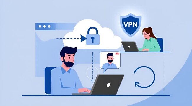 Modern Digital Security Concept with VPN Usage for Safe Cloud Networking and Remote Work Illustration Featuring Two Professionals Engaging Online