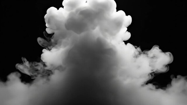 "Dense billowing white smoke cloud rising against dark black background with dramatic vapor texture explosion effect abstract atmospheric motion"