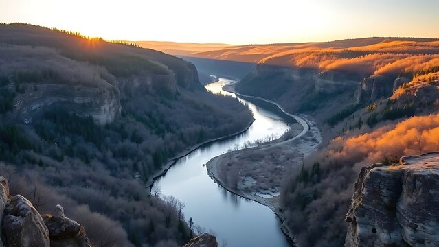 drawback. Aerial view of a winding river through a canyon plateau during golden hour. travel magazines, destination branding, designed for outdoor magazines and nature guides, used by clinicians.