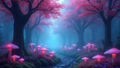 Naklejka premium Pink glowing mushrooms grow along stream in mystical forest with fog. Tall trees have pink foliage. Dreamlike nature landscape, magical atmosphere and soft ethereal light.