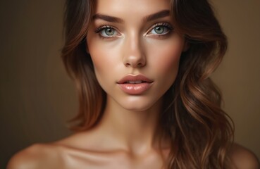 Fototapeta premium Young woman face closeup with perfect skin. Elegant makeup highlights eyes lips. Healthy natural beauty glows against dark beige backdrop studio shot.