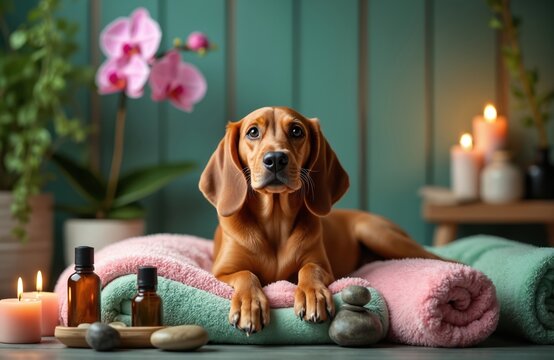 Brown dog rests on spa towels. Aromatherapy candles and oils create calming atmosphere. Orchid plant adds touch of nature. Relaxing pet pampering scene.