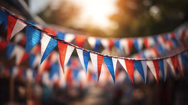 Vibrant triangular flags hang outdoors at a festive event with people and trees in view