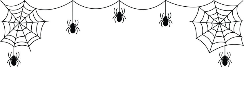 Halloween Spider Web Border with Hanging Spiders Spooky Design, vector illustration