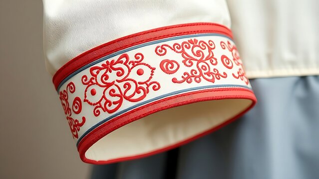 tenet. Detailed dancheong patterns embroidered on the cuff of a traditional hanbok sleeve. event programs, museum guides, designed for cultural heritage projects and event programs.