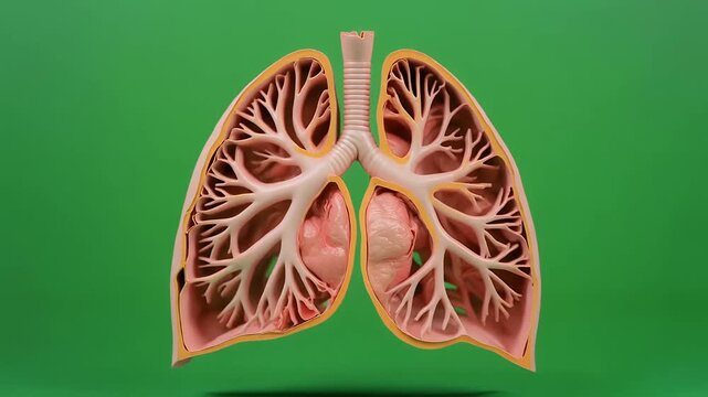 Three dimensional human lungs anatomy model rotating on green background.
