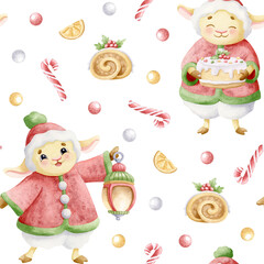 Naklejka premium Hand drawn cartoon lambs with Christmas desserts watercolor seamless pattern. Cute sheep animal characters in winter clothes with sweet cake, lantern and candy canes. Happy New Year repeat background