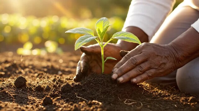 "Hands planting young green seedling into rich soil under golden sunlight, symbolizing growth, care, sustainability, environmental stewardship, nurturing nature, and hope for a greener future"