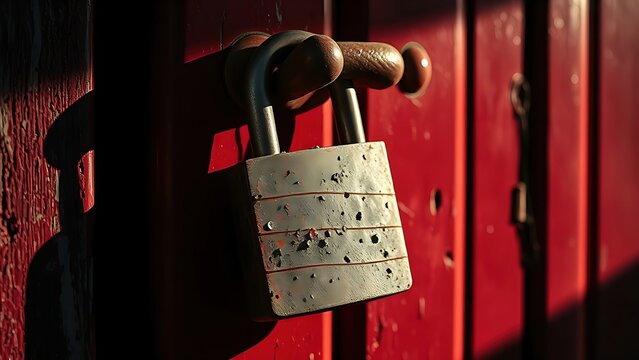regression. A heavy weathered padlock on a faded red warehouse door, chipped paint, dramatic side lighting, symbolic closure. real-estate listings.
