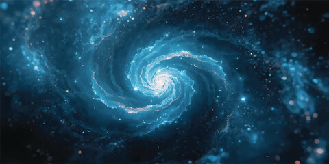 Fototapeta premium A glowing blue spiral galaxy swirls in deep space, forming a digital art wallpaper of light and stars with a dark vortex pattern and elegant curves