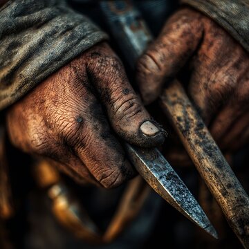 A close-up shot of a person's dirty hands holding a rusty knife and wooden sticks.