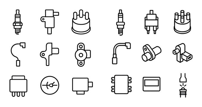Automotive components arranged as line icons on white background