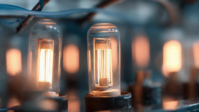Warm filaments inside illuminated glass vacuum tubes bringing vintage electronic equipment to life, representing classic technology and engineering principles