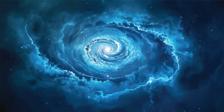 A swirling blue spiral galaxy vortex ripples through the deep ocean water, creating an abstract space background design with a fluid light texture and energy-filled waves of color